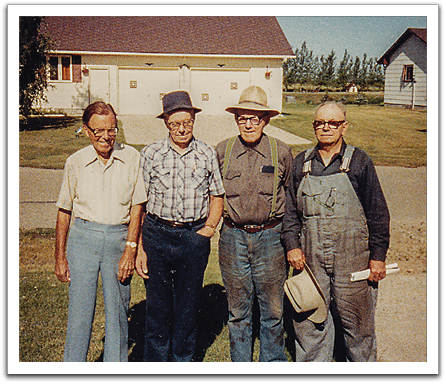 Oscar & his brothers, summer, 1985, Oklee: Ole, Oscar, Knute, Ted.