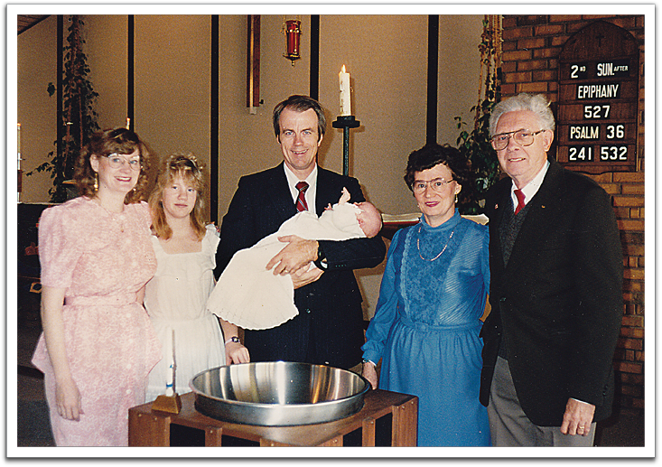 Baptism of Crystal Lynn Flateland, January 15, 1989, at St. Andrews Lutheran Church, Arvada, CO. L-R: Jill, Kirsten, Byron, Crystal, Rosemary & Lyle Williams.