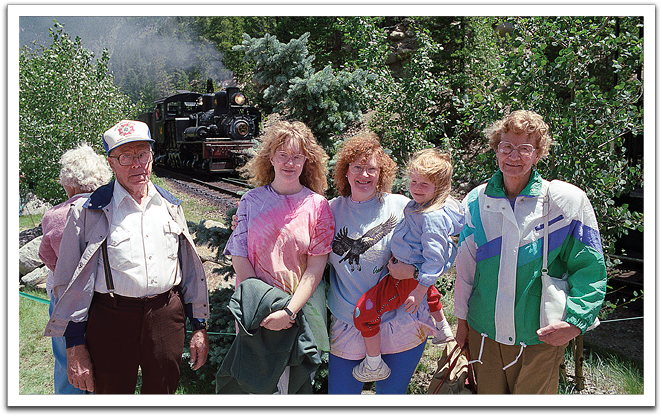 Oscar, Kirsten, Jill, Crystal, Leona by the Georgetown Loop Railroad, Silver Plume, CO, summer, 1992.