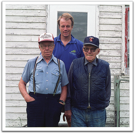 Oscar, Byron, Knute, summer, 1993,  in front of Knute’s house outside of Trail.