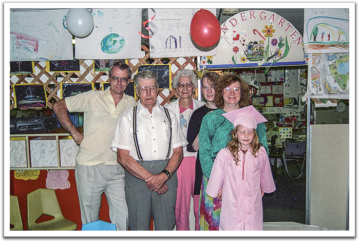 Byron, Oscar, Leona, Kirsten, Jill, Crystal at Crystal’s graduation from kindergarten at KinderCare,  Arvada, CO, May 1994.