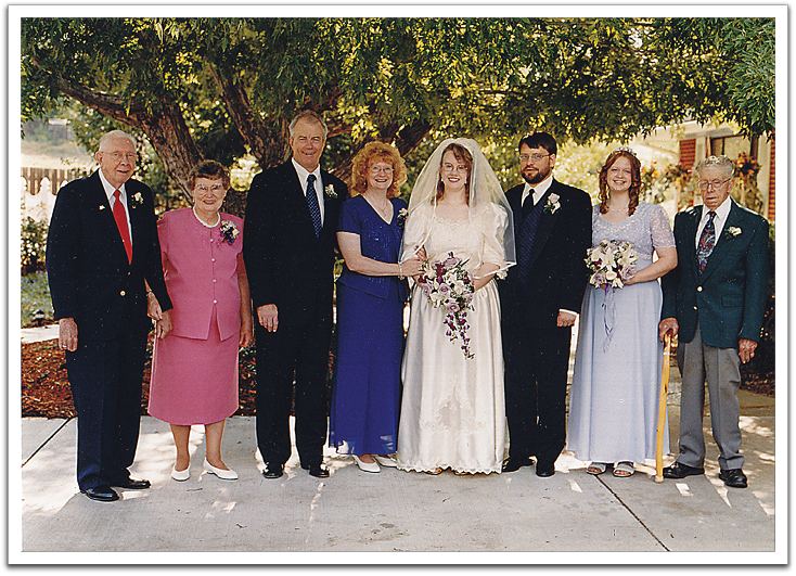 Kirsten & Tim’s wedding day, August 3, 2002. Lyle, Rosemary, Byron, Jill, Kirsten, Tim, Crystal, Oscar.