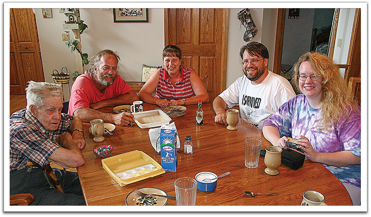 Having a laugh at Bev & Myles’ house, July 2005: Oscar, Myles, Bev, Tim, Kirsten.