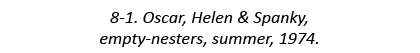 8-1. Oscar, Helen & Spanky, empty-nesters, summer, 1974.