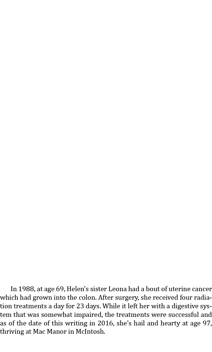   In 1988, at age 69, Helen’s sister Leona had a bout of uterine cancer which had grown into the colon. After surgery...